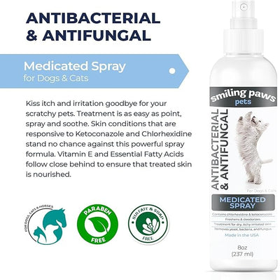 Smiling Paws Pets Advanced Chlorhexidine & Ketoconazole Spray for Cats & Dogs Spray 8oz