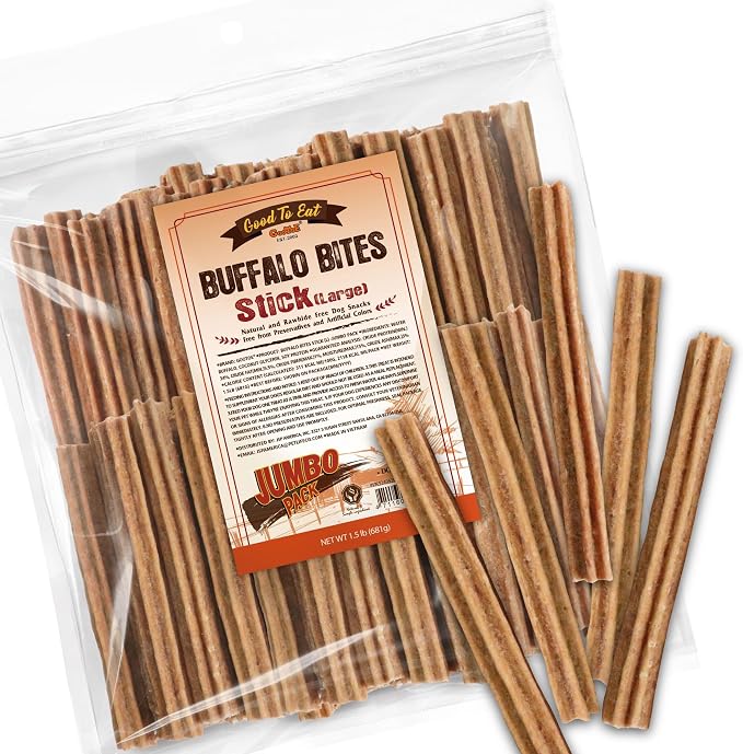 Natural Buffalo Dog Treats, Stick (Large), 1.5 lb | Low-fat chews for training rewards, limited ingredient, for medium dogs