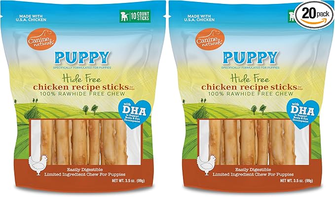 Puppy Chicken and Rice Chew - Rawhide Free Puppy Treats - Made with USA Chicken - All-Natural & Easily Digestible of 5-Inch Sticks for Puppies,(Pack of 20)