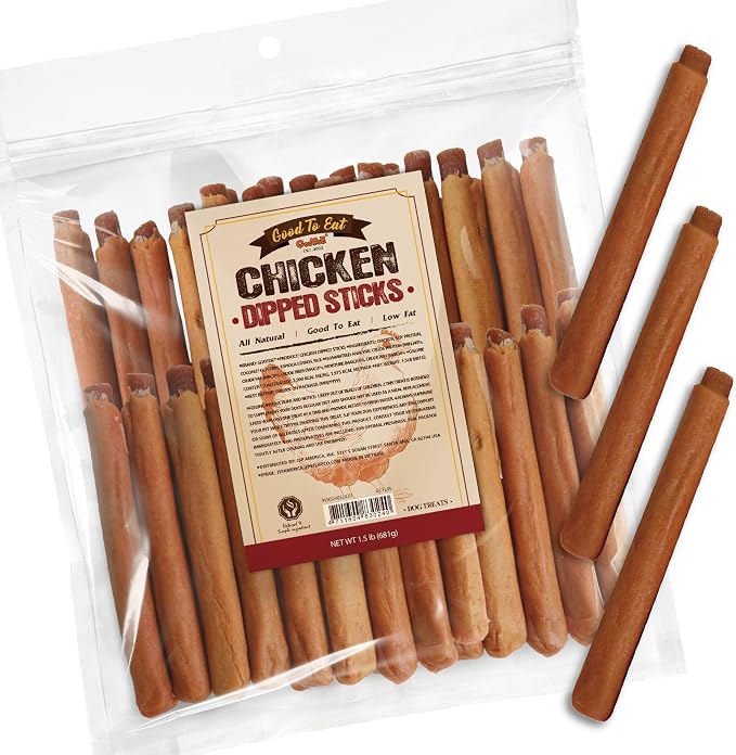 Dog Treats, Chicken Jerky for Dogs - Premium Dog Training Treats; High-Protein, Gluten-Free, Hypoallergenic, Grain-Free, Chicken Dipped Sticks, 1.5 lb