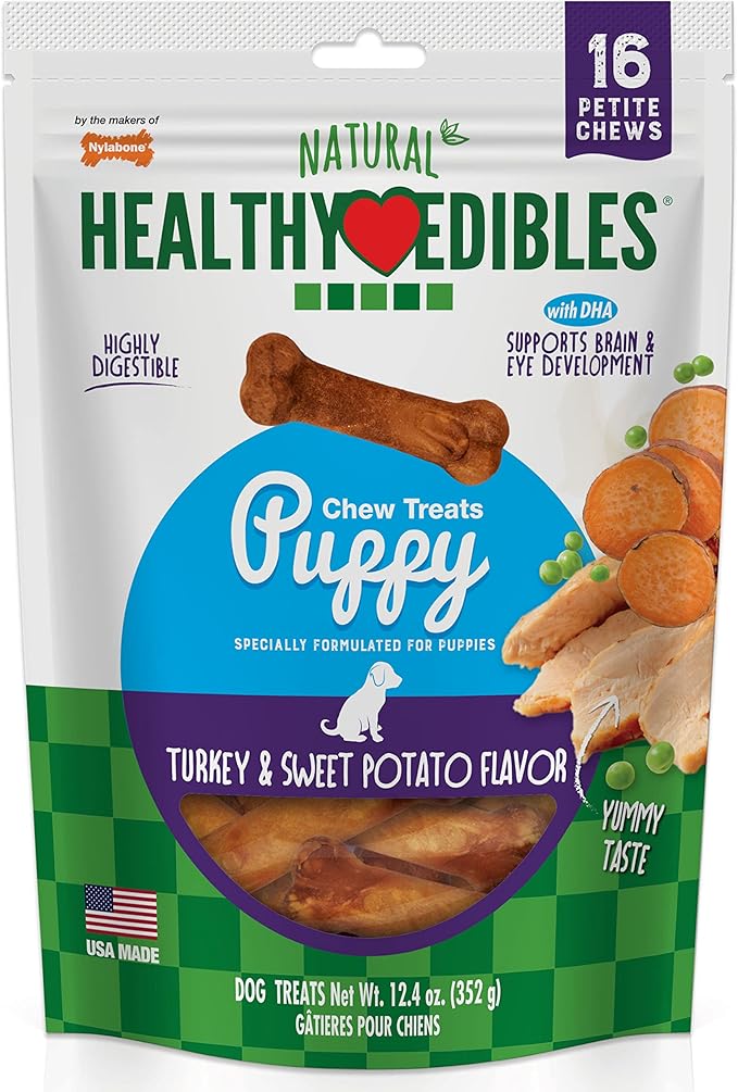 Nylabone Healthy Edibles Natural Puppy Chews Long Lasting Treats for Puppies, Turkey & Sweet Potato Dog Treats, X-Small/Petite (16 Count)