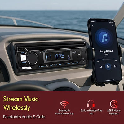 Pyle Marine Bluetooth Stereo Radio - 12v Single DIN Style Boat In dash Radio Receiver System with Built-in Mic, Digital LCD, RCA, MP3, USB, AM FM Radio - Remote Control - PLMRB29B (Black)