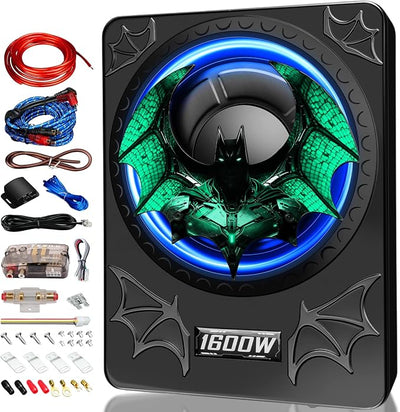 1600W Car Subwoofer, 10" Ultra-Thin Powered Under-Seat Subs with Built-in Amplifier, (LPF/Gain/Bass Boost) LED Ambient Lights, Independent Bass Knob, Distortion-Free Deep Bass for Most Vehicles