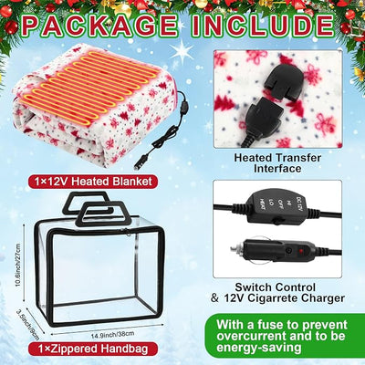 Tuanse 58 x 43 Inches 12 Volt Heated Car Blanket Plug in Portable Car Electric Blanket with Cigarette Lighter, Temperature Controller and Storage Bag for Rv Truck Traveling(Red,Christmas Tree)