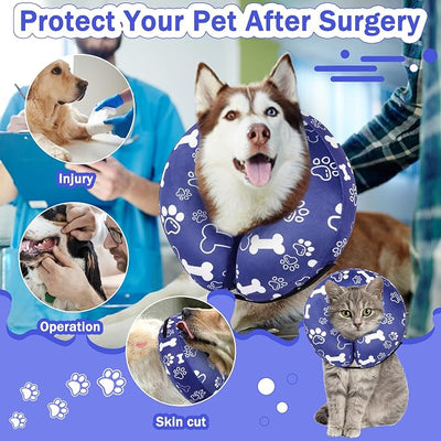 Recovery Donut Collar for Dogs & Cat,Inflatable Dog Cone Collar Alternative After Surgery,Soft Cone for Large Medium Small Dog,Adjustable Pet Neck Donut(Darkblue Bone,Large