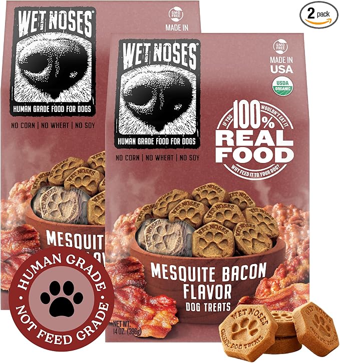 Wet Noses Organic Crunchy Dog Treats – All-Natural, Human-Grade, Non-GMO, Healthy Training & Delicious Snacks for Dogs, for All Dog Sizes & Breeds – Mesquite Bacon, 14oz (2 Pack)