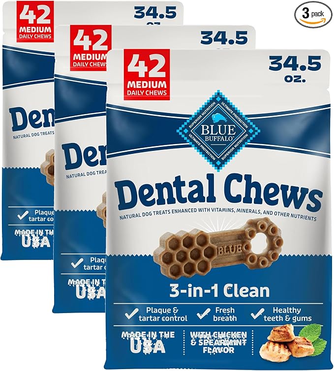 Blue Buffalo Dental Chews Medium Natural Dog Treats, Chicken & Spearmint 34.5-oz Bag 42 Count (Pack of 3)