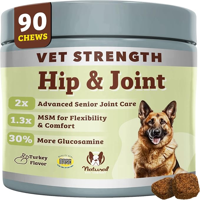 Vet Strength Hip & Joint Chews for Senior Dogs (90ct) Joint & Flexibility Support, Arthritis Relief for Senior Dogs, 1.3X Glucosamine, 2X Green Lipped Mussel & MSM for Dog Mobility