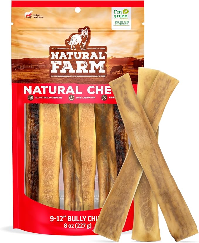 Bully Chips (9-12 Inch, 8 Oz.), Digestible Beef Cheek from Grass-Fed Cows, Non-GMO, Grain-Free, Natural Long-Lasting Dog Chews for Small, Medium & Large Dogs, Great Rawhide Alternative