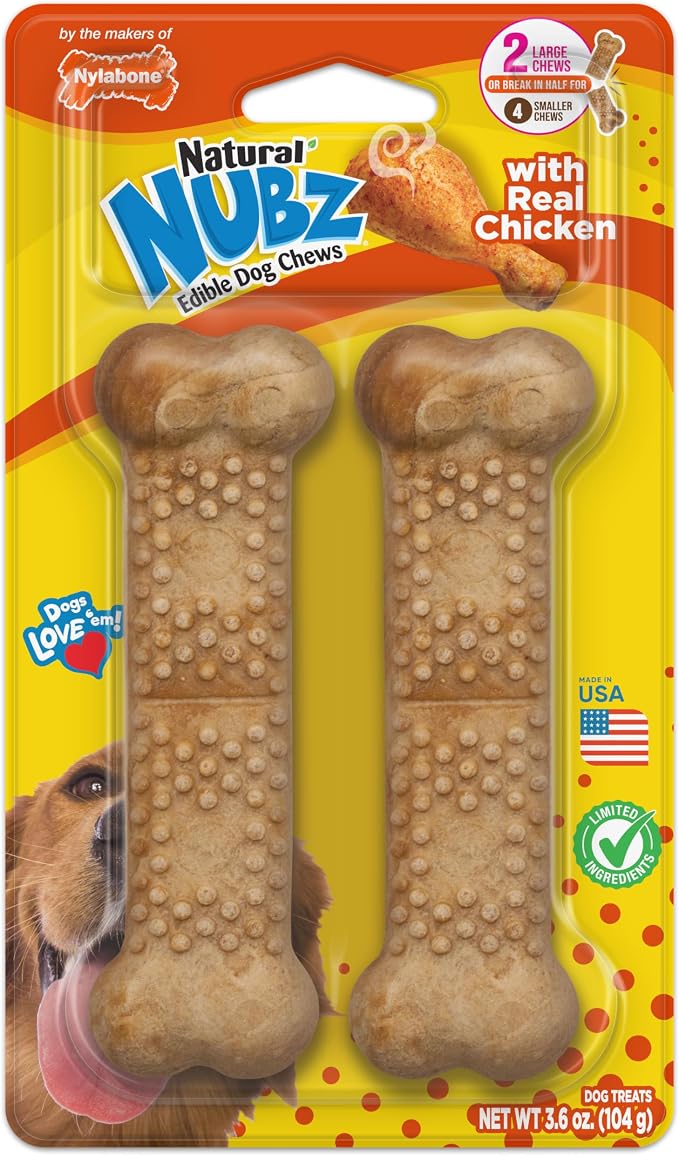 Nylabone Nubz Natural Dog Treats, Long Lasting Chew Bones, Made in the USA, Chicken Flavor Breath Freshener, Large Bones for Dogs Over 30 lbs. (3.6 Ounce, 2 Count)