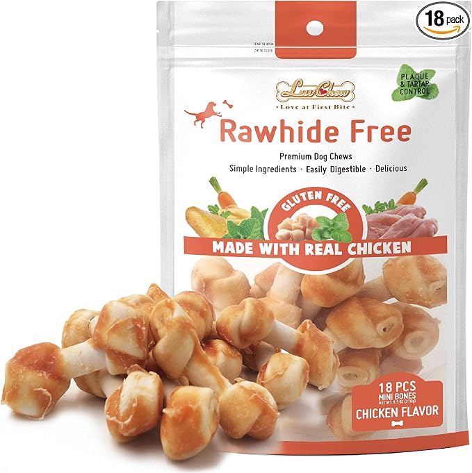 LuvChew Premium Dog Chew Bones, Made with Real Chicken, Rawhide Alternative, Made with Limited Ingredients, Highly Digestible (Mini 18pcs/Pack)