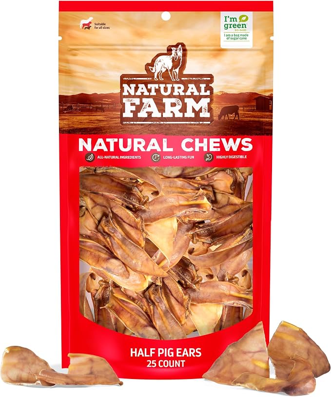 Half Pig Ears for Dogs (25-Pack), One Ingredient: Natural Pigs Ears, Air Dried, Long-Lasting & Highly Digestible Treats, Great for Puppy and Large/Medium Dogs