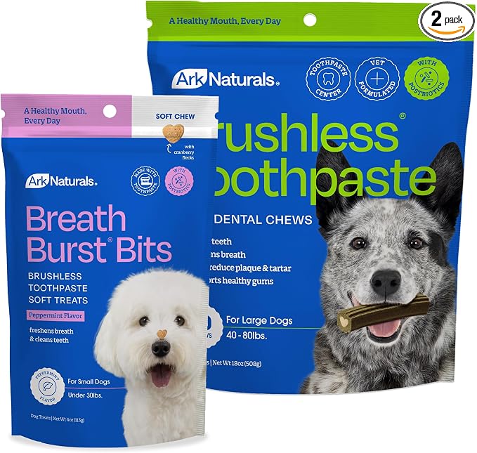 Ark Naturals Large Breed Brushless Toothpaste + Breath Bursts Bundle - Vet Formulated Dog Dental Chews for Large Breeds - Helps Reduce Plaque & Tartar, Polishes Teeth, and Freshens Breath