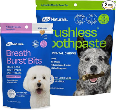 Ark Naturals Large Breed Brushless Toothpaste + Breath Bursts Bundle - Vet Formulated Dog Dental Chews for Large Breeds - Helps Reduce Plaque & Tartar, Polishes Teeth, and Freshens Breath