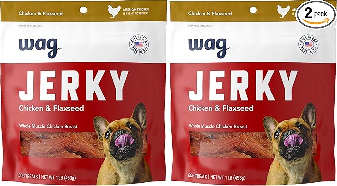 Amazon Brand – Chewy Whole Muscle American Jerky Dog Treats – Chicken & Flaxseed (1 lb), Grain Free (Pack of 2)