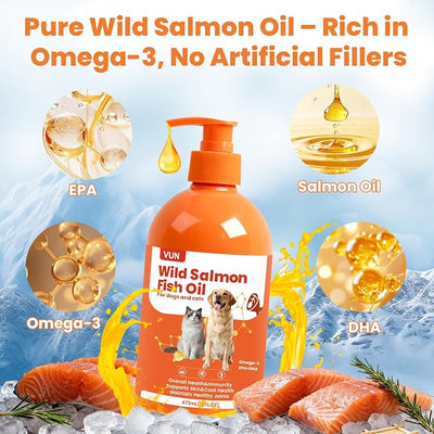 VUN Salmon Fish Oil for Dogs & Cats,Unflavored Omega 3 Oil Supplement for Itchy Dry Skin,Allergy Relief,Joints&Paws,Brain,Eyes&Heart Treatment,Wild Liquid Fish Oil by Pump with EPA DHA–16 oz
