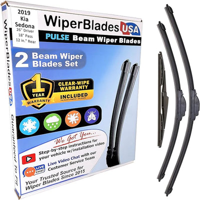 WiperBladesUSA Wiper Blades Set w/ 1yr warranty compatible with Kia Sedona 2019 Wipers (Set of 3) w/Rear Wiper Pulse Wipers