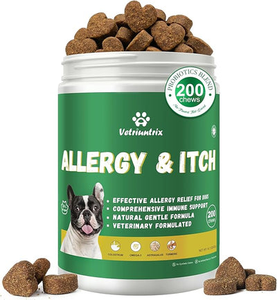 Dog Allergy Chews - Dog Allergy Relief & Immune Supplement with Probiotics, Colostrum & Omega 3 - Supports Skin & Coat Health, Soothes Paw Licking - Chicken Flavor, 200 Soft Chews
