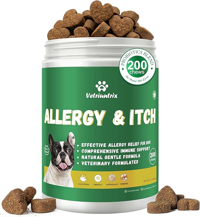 Dog Allergy Chews - Dog Allergy Relief & Immune Supplement with Probiotics, Colostrum & Omega 3 - Supports Skin & Coat Health, Soothes Paw Licking - Chicken Flavor, 200 Soft Chews