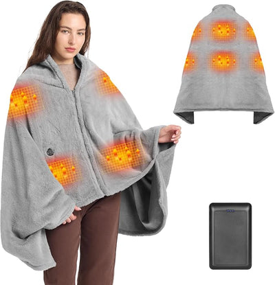 62" x 35" Heated Blanket Battery Operated with Fleece Lining 7.4V 16000mAh Battery Cordless Heated Shawl Wraps for Women Men Portable Electric Blanket 6 Heating Zones 3 Heating Levels