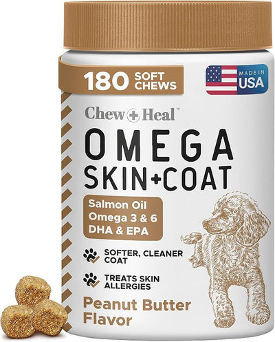 Omega 3 Fish Oil for Dogs, 180 Soft Chews - Salmon Oil Skin & Coat Supplement, Dog Allergy & Itch Relief, Hot Spots, Anti Shedding - EPA DHA Fatty Acids - Peanut Butter - Made in USA, Chew + Heal