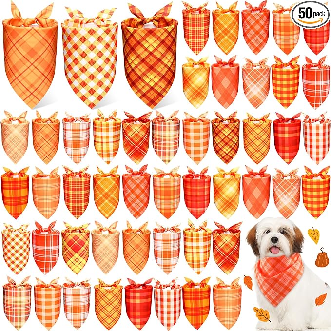 50 Pcs Fall Plaid Dog Bandanas Bulk Autumn Gingham Bandanas for Dogs Triangle Kerchief Bib Scarf for Pet Thanksgiving Party Costume Photo Props Accessories, 25 Styles(19.7 x 13.8 x 13.8)