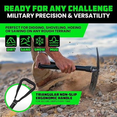 RHINO USA Folding Survival Shovel w/Pick - Heavy Duty Carbon Steel Military Style Entrenching Tool for Off Road, Camping, Gardening, Beach, Digging Dirt, Sand, Mud & Snow.