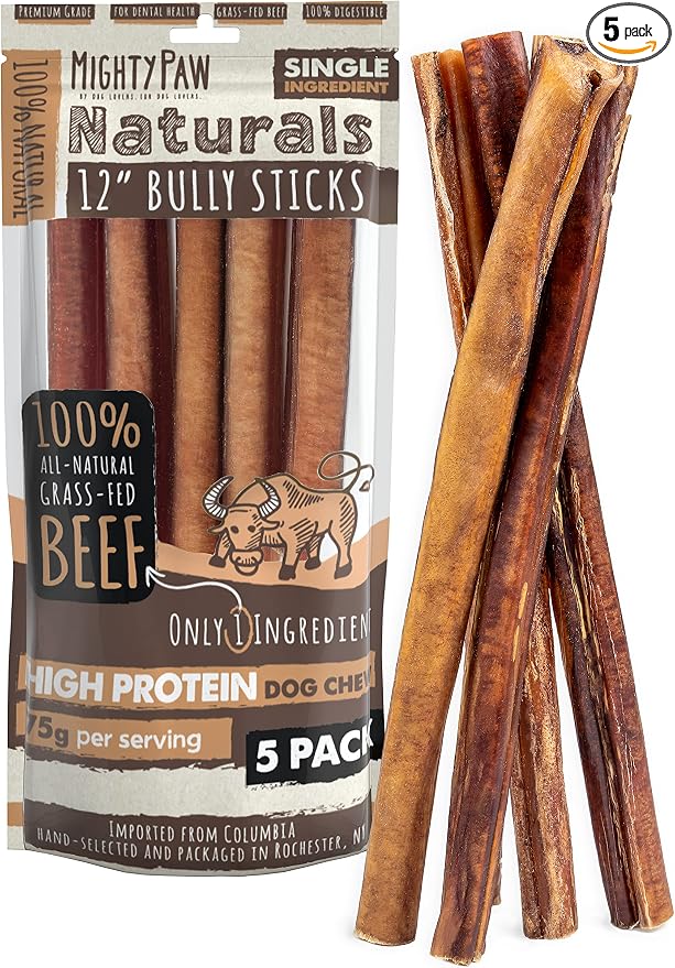 Naturals Bully Sticks for Dogs - Grass Fed Beef Chews. Dog Bully Sticks for Large Pets, Medium and Small Breeds. Lower Odor Treats for Small Pets. Single Ingredient (12" - 5 Pack)