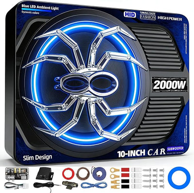 2000W 10 Inch Underseat Car Subwoofer and Amp Package, Slim Powered Under Seat Sub with Built-in Class D Amp and DSP, Blue LED Switch, Low Pass Filter, Bass Boost for Truck SUV