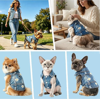 Denim Vest Jacket for Small Medium Dog Clothes Jean Apparel Cute Outfit for Dog Cat Girls Boys Puppy Costume Dog Harness Dress Shirt Chihuahua Yorkie(Many Daisy with D Ring, X-Large)