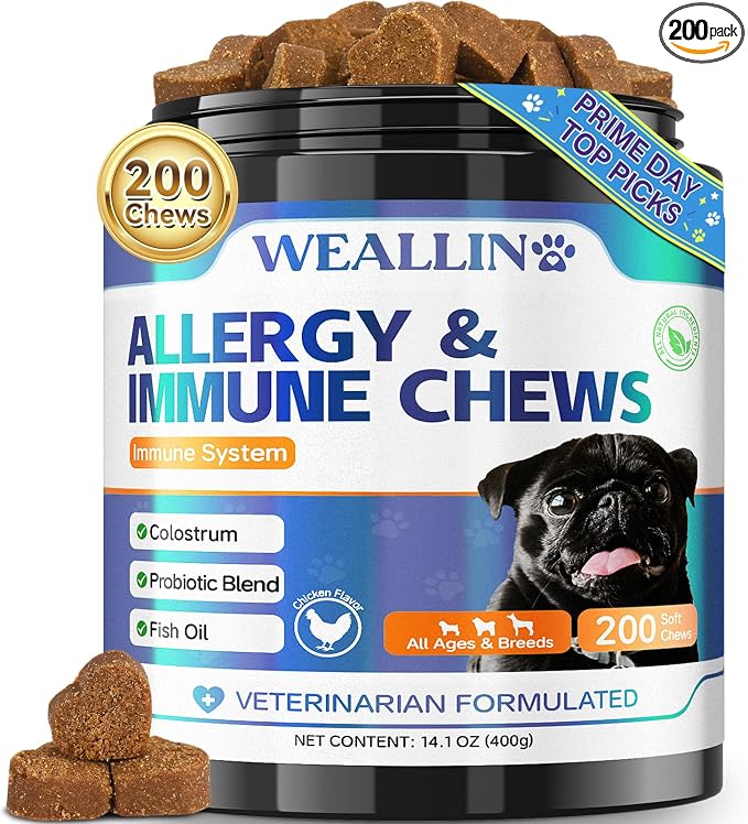 Dog Allergy Relief Chews, Dog Allergy Chews, 200 Treats with Probiotics & Omega 3 Fish Oil, Itchy Skin Relief, Immune Support, Paw Licking, Itchy Ears, Scratching, Seasonal Allergies, Chicken Flavor