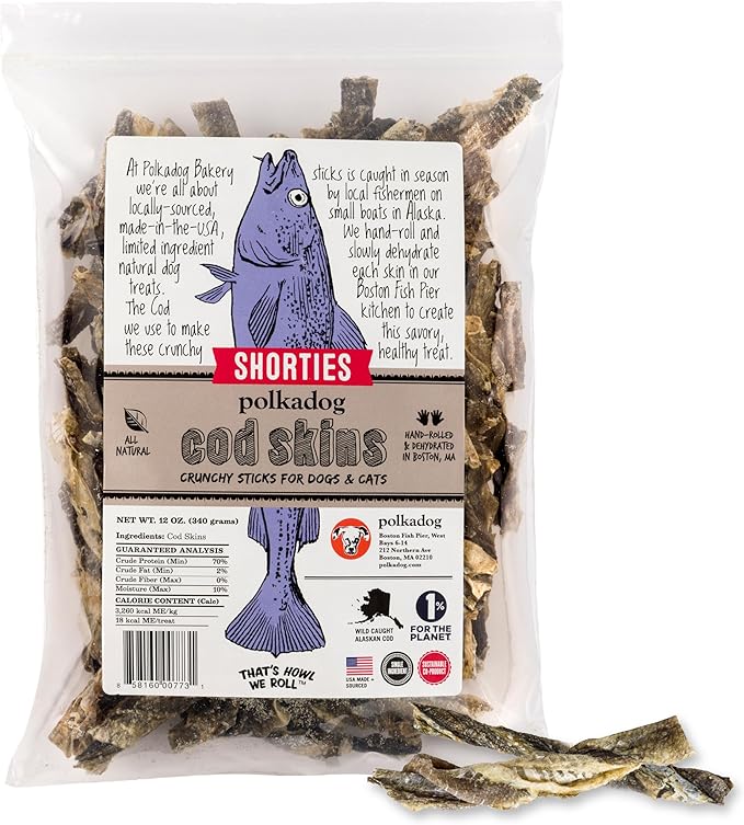 Cod Skins for Dogs (12oz Shortie) - Single Ingredient, Wild-Caught Fish Skin Natural Dog Treat Chews. High in Lean Protein & Omega 3. Hypoallergenic, Grain Free. Handcrafted & Made in USA