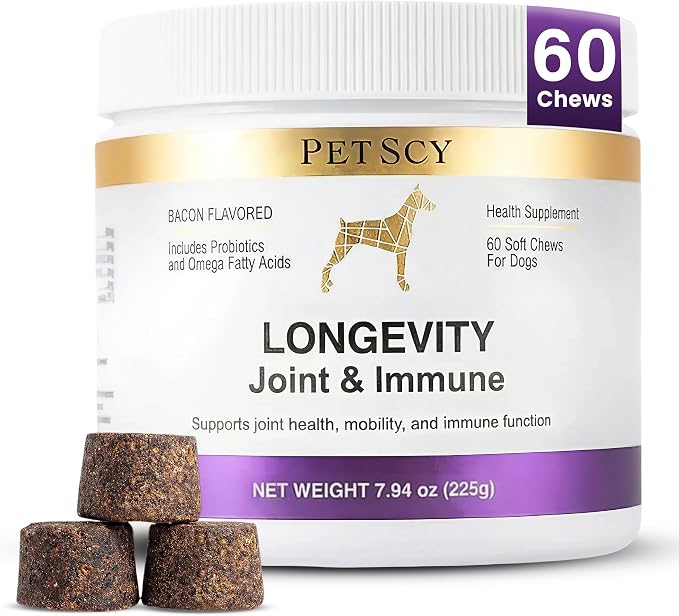 Longevity Hip & Joint + Immune Support Chews for Dogs - 3.75g Chew - High Dose Glucosamine, MSM, Chondroitin, Green Lipped Mussel, Omega 3, Probiotics - 60 Chews (Small & Medium Dogs)