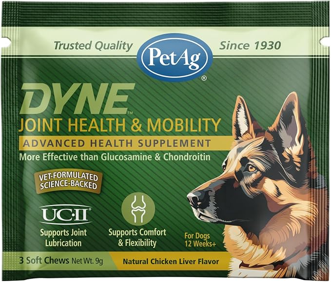 Dyne Soft Chews Sample, Joint Health & Mobility Supplement - Vet-Formulated for Dogs - with UC-II® Collagen - Up to 4X More Effective Than Glucosamine/Chondroitin - 3 Chicken Liver Flavor Chews