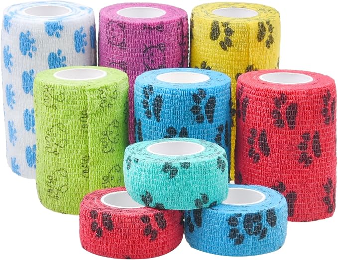 Self-Adhering Bandage - Injury Wrap Tape for Pets, Dogs, Cats, Horses - Pack of 9- Dog Bandages for Legs - Prevent Licking - Does not Stick to Hair - Elastic, Water Repellent, Breathable