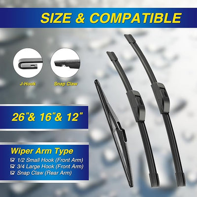 5 PLUS® Silicone Windshield Wipers Replacement for 2018-2024 Nissan Kicks Wiper Blades(Set of 3),Automotive Replacement Windshield Wiper Blades For My Car-26"/16"/12"