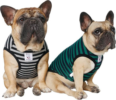 iChoue 2pcs French Bulldog Striped Shirts 100% Breathable Cotton Tank Tops Vests Clothes for Frenchie Dogs, Black and Green Stripes, Large