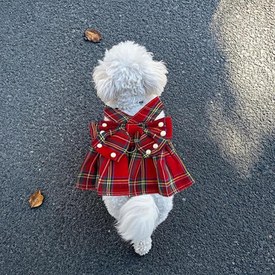 1 Pcs Cute Dog Dress Puppy Clothes with Bownot for Female Girl Small Dogs Outfits Harness for Outdoor Walking Birthday Party Red Plaid Skirt M