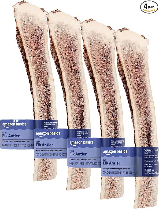 Amazon Basics Split Elk Antler, Naturally Shed, Long Lasting for Aggressive Chewers, X-Large (Best for Dogs Over 45 lbs) (Pack of 4) (Previously Wag)