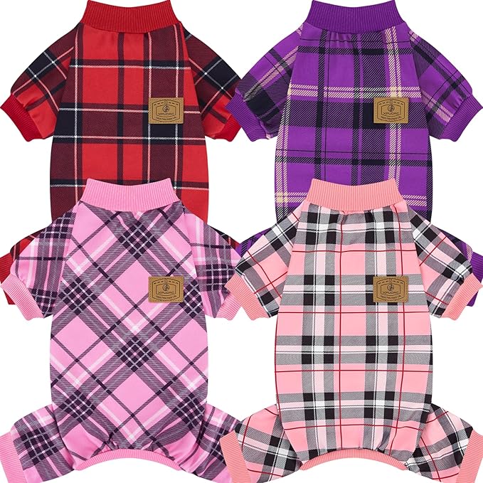 4 Pack Plaid Dog Pajamas Outfits Cozy Doggy Clothes for Medium Large Dogs Girl Boy Puppy Onesie for Christmas Pet Pjs Jammies, 3XL