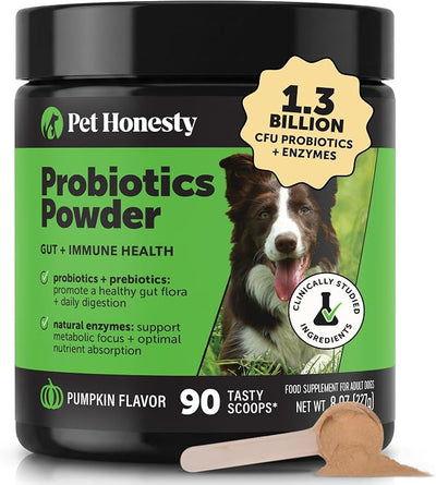 Dog Probiotic Powder with Digestive Enzymes + Prebiotics - Pumpkin Food Topper Supplement for Healthy Digestion, Sensitive Stomach, Gas Relief + Immune Support - Soluble Fiber for Dogs (90 Scoops)