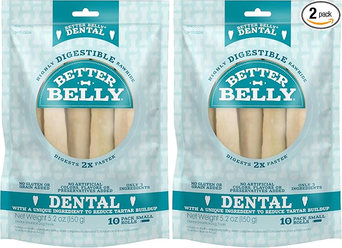 Better Belly Highly Digestible Rawhide Dental Chews, Treat Your Dog to a Chew with NO Artificial Colors or Flavors, 10 Count (Pack of 2)