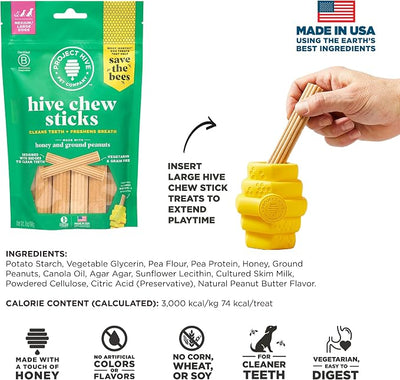 Hive Chew Sticks - Dental Treats for Dogs - Vegetarian, Made with Ground Peanuts & Honey, No Grain or Soy, Cleans Teeth & Freshens Breath (2-Pack 7 oz, Hive Chew Sticks for Large Dogs)
