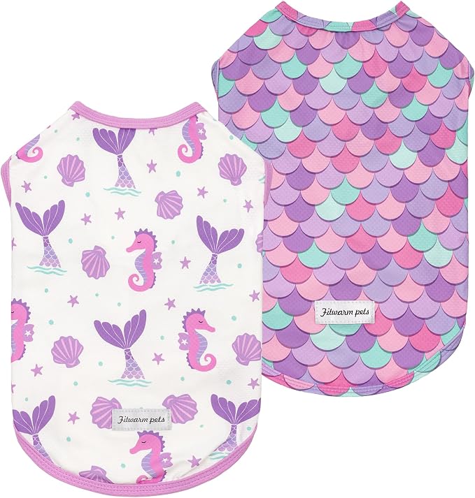 Fitwarm 2 Pack Mermaid & Scale UPF 50+ UV Sun Protection Dog Shirt, Lightweight Cooling Vest, Quick Dry Summer Clothes for Small Dogs Girl, Pet Outfit, Purple, Pink, White, Large