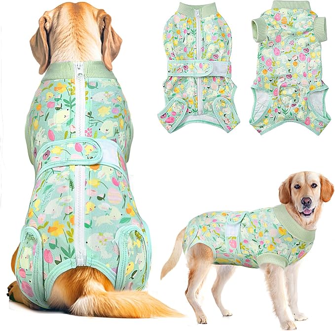 Lukovee Recovery Suit for Dogs, Zipper On Dog Surgery Suit for Female Male Dog, Onesies Bodysuit Prevent Licking Spay Abdominal Wounds Bandages E-Collar Alternative (Green, M)