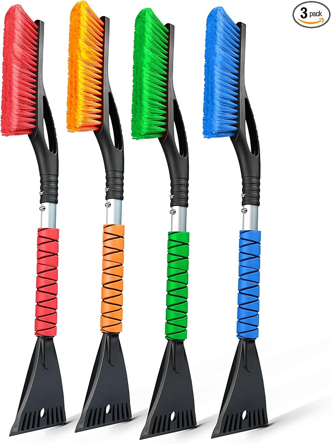 EcoNour 27" Aluminum Snow Brush 4 Pack with Ice Scrapers for Car Windshield and Window | Car Snow Scraper and Brush with Ergonomic Foam Grip Winter Accessories (Orange, Pink, Green, Blue)