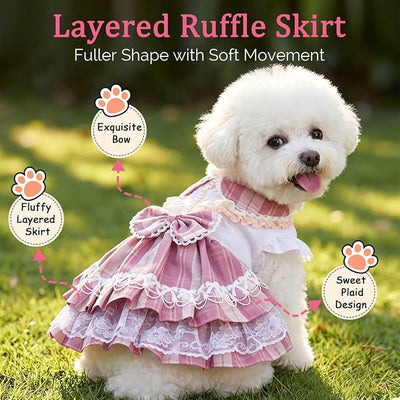 Plaid Princess Dog Dress, Multi Layered Skirt Lace Trim Design Dog Outfit, Girl Dog Clothes with Large Bow & Bow Hair Accessory for Birthday, Wedding, Party, Photoshoot (M)