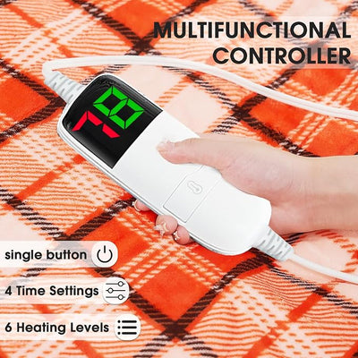 OCTROT Electric Heated Blanket King Size, 90X100 Orange Blanket with Dual Control&10 Heats Levels&Timer for Bed,Large Plaid Sherpa Heating Blankets Warmer Gifts for Women Grandma Halloween Home Decor