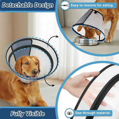 Dog Cone to Stop Licking, Clear Recovery Collar with Detachable Zipper, Sturdy Elizabethan Collar for Large Medium Small Dogs, Soft Adjustable Cone After Surgery Patented, Black L