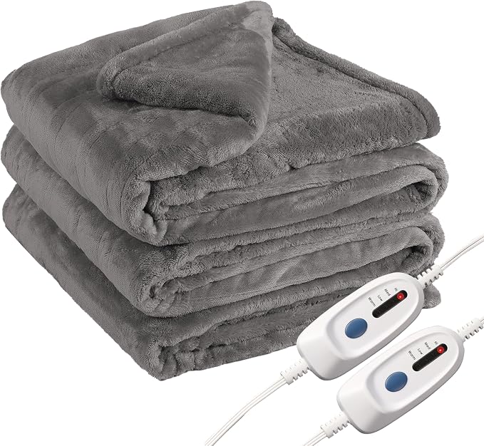 Eydna Electric Heated Blanket Queen Size 84"x90", Soft Plush Microplush for Bed, Dual Controllers & Heating Zones, 10 Hs Auto Off & 4 Heating Levels, Machine Washable, Gifts for Womens-Light Gray